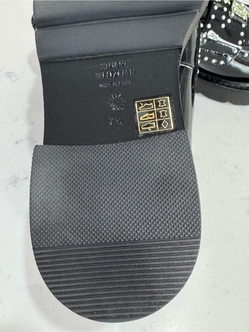 Stuart Weitzman Parker Lift Black Patent Leather Mini Pearl Loafers Size 7.5 - Picture 4 of 7